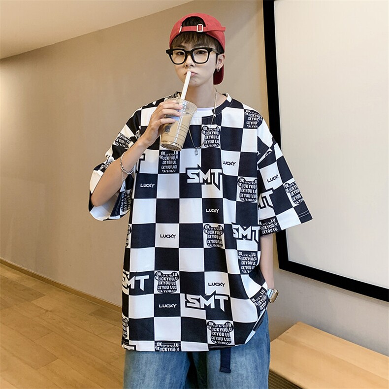 华夫格印花松休闲短袖T恤港风五分半截袖XFT221-P30控48,男装T恤,电商B370