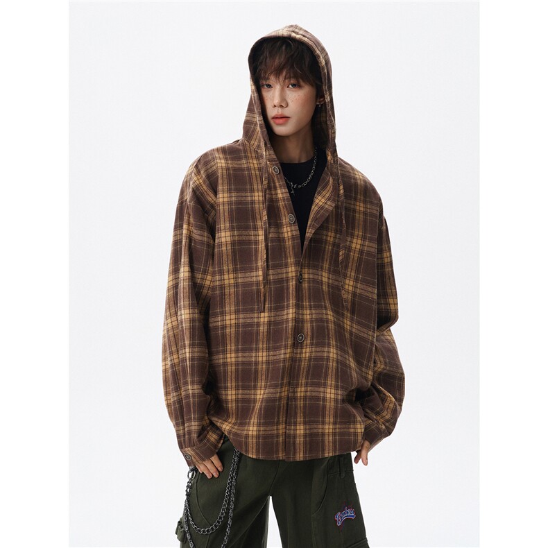 美式复古连帽格子衬衫大码慵懒风高级感长袖衬衣薄外套LC308特P38，男装衬衫，电商B215