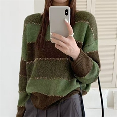 慵懒风撞色条纹毛衣女款2025新款早秋百搭穿搭宽松显瘦针织上衣，女装针织衫/毛衣，萱芳婷羊绒