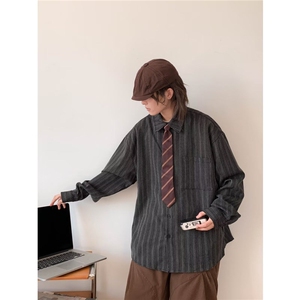 春秋日系复古条纹百搭衬衫男长袖宽松翻领学生休闲衬衣 C008图片