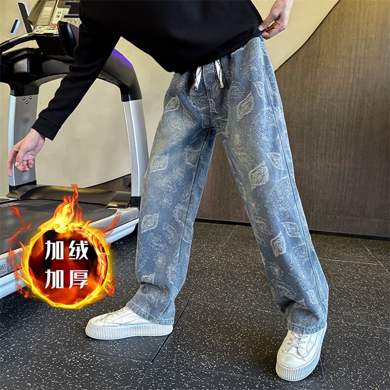 秋冬加绒牛仔裤 男士个性树叶印花直筒牛仔弯刀裤潮901N50加绒P68图片