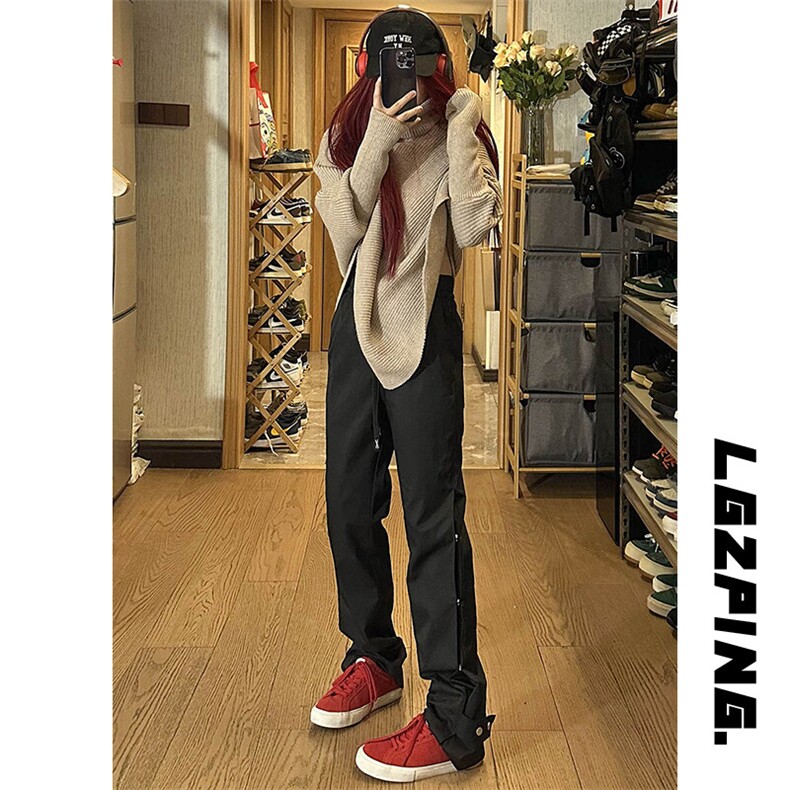 2026春季新款女模自拍大码排扣微喇机能裤M-5XHK23093-特P35，男装休闲裤，电商A022