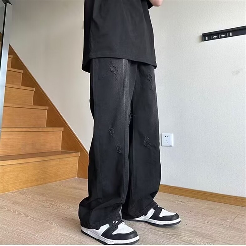 浅蓝色破洞牛仔裤男夏季薄款松紧腰微喇裤大码垂坠感宽松直筒裤子，男装牛仔裤，星座506A