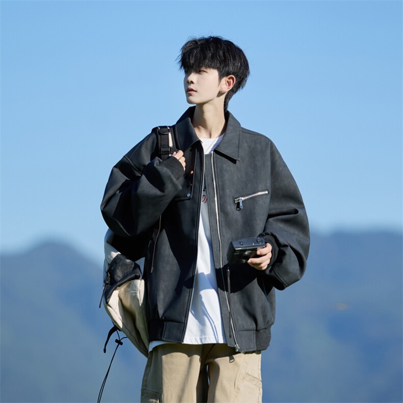 胖胖哥复古PU皮衣外套男秋季新款美式宽松大码痞帅翻领机车夹克,男装夹克,星座109