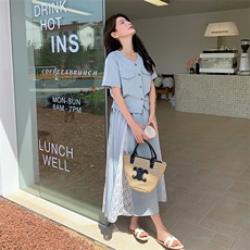 时尚松弛感休闲上衣套装裙女2025年夏季新款蕾丝拼接半身裙两件套，女装套装/套裙，浙宝220