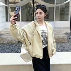 春装有货】奶黄色机车皮衣连帽休闲外套p165k268，女装短外套，2C295