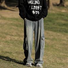 N101-P65男潮流美式休闲大口袋拉链直筒宽松牛仔裤工装，男装牛仔裤，电商B327