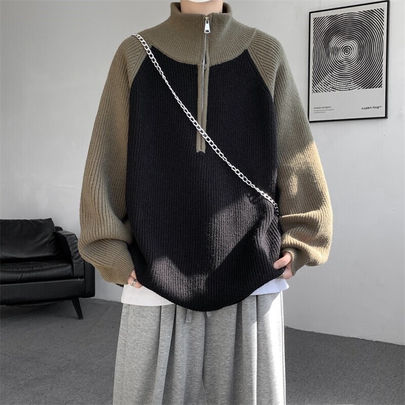 8XL-M撞色半拉链毛衣宽松慵懒风插肩袖大码针织衫外套MY1513/P75,男装针织衫/毛衣,电商B238