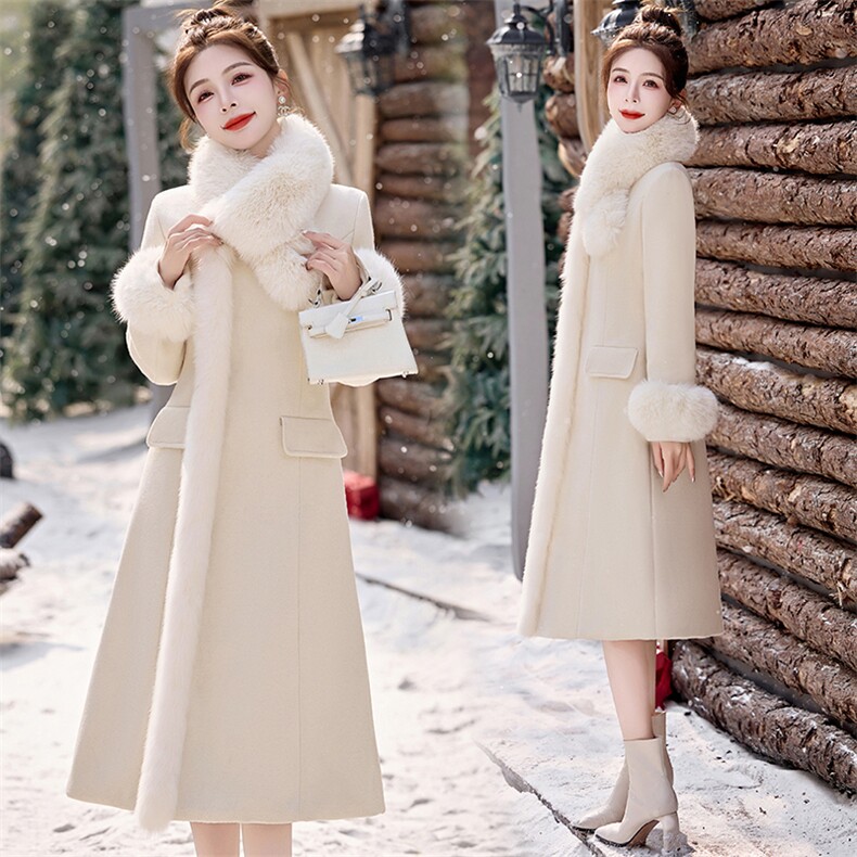 韩版高级感白色中长款毛领呢子大衣女入冬季气质宽松慵懒毛呢外套，女装双面呢大衣，欣贝拉
