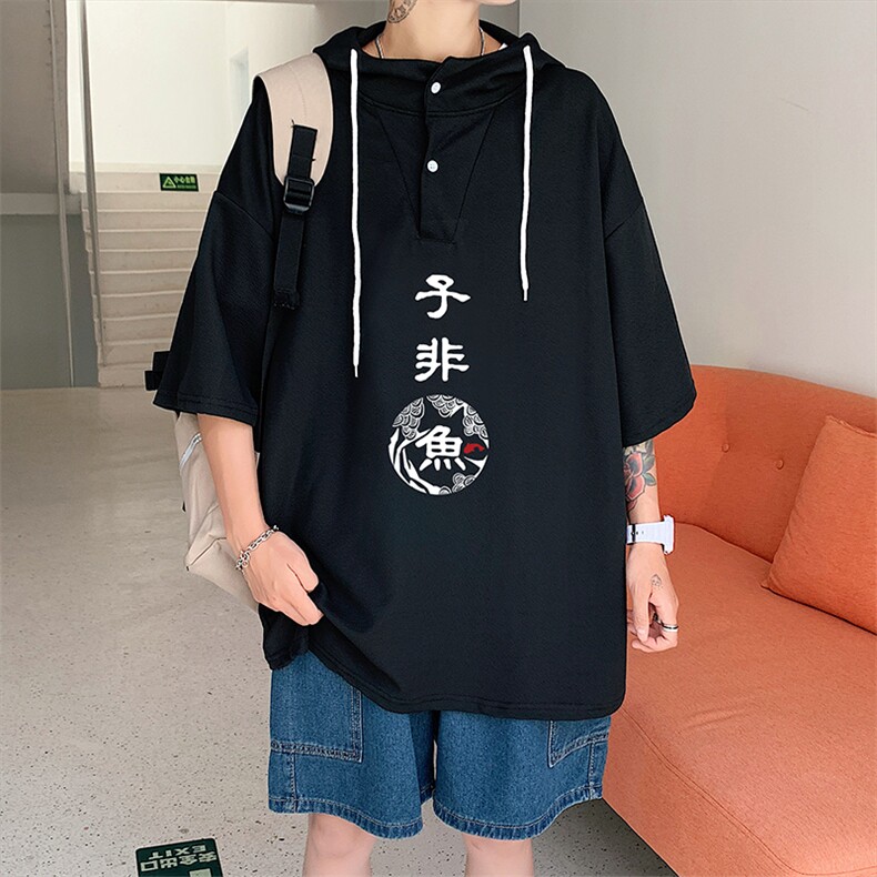 LD54070-P45连帽短袖t恤男大码胖子带帽五分袖中袖,男装T恤,电商A040