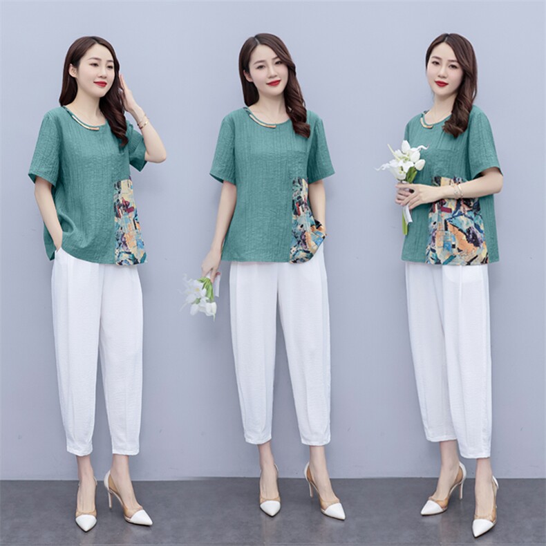 现货时尚套装女夏装2026年新款气质修身休闲洋气印花垂感裤两件套，女装套装/套裙，尚洛菲