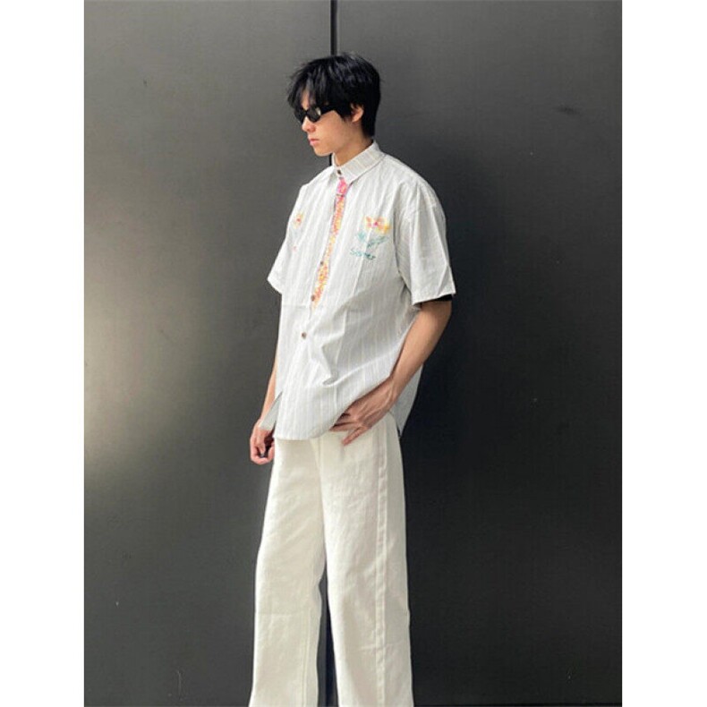 趣味条纹涂鸦短袖衬衫男款夏季学院风小众设计半袖衬衣C79,男装T恤,星座1116A（原606A-3）