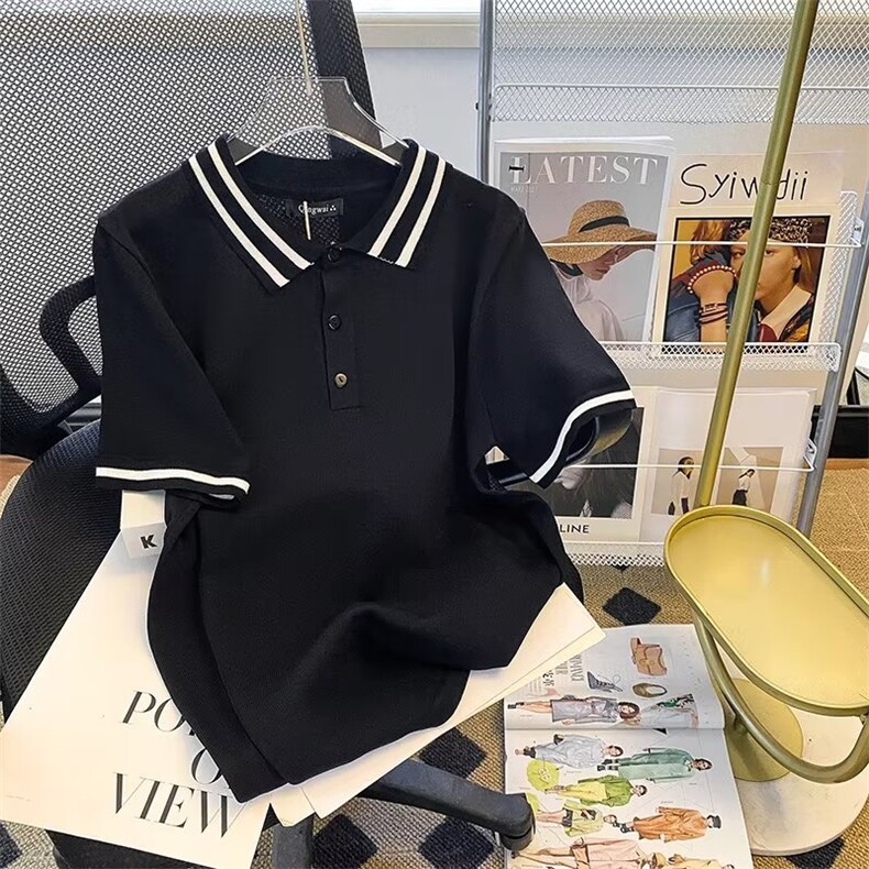 条纹针织短袖POLO衫男女夏季新款百搭休闲翻领T恤上衣T1338-P40,男装Polo衫,星座512-3