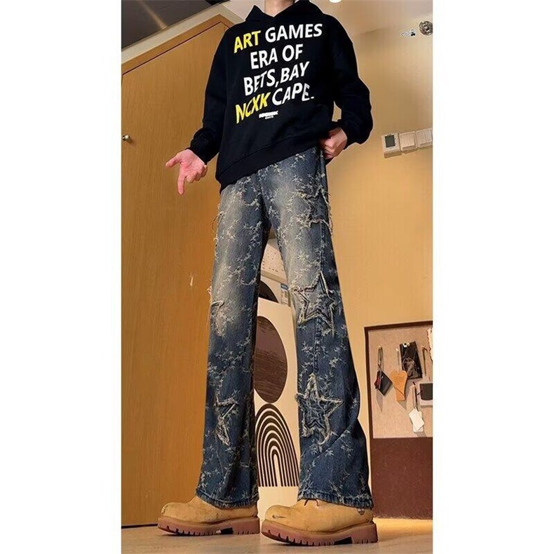 提花牛仔裤男女款潮牌星星贴布设计感美式复古直筒微喇裤子,男装牛仔裤,星座601-1