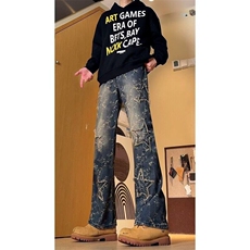 提花牛仔裤男女款潮牌星星贴布设计感美式复古直筒微喇裤子，男装牛仔裤，星座601-1