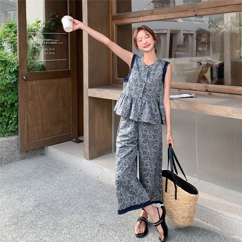休闲撞色拼接马甲阔腿裤套装女2025夏季新款时尚洋气高级感两件套,女装套装/套裙,浙宝069