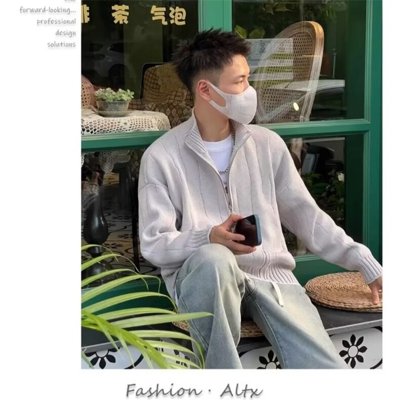 秋冬立领紫色开衫毛衣男女日系复古休闲宽松针织衫外套潮,男装针织衫/毛衣,星座506A