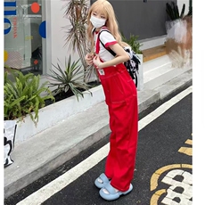 美式复古辣妹红色牛仔背带裤女夏季新款直筒阔腿吊带长裤子ins潮，男装休闲裤，星座1210-1