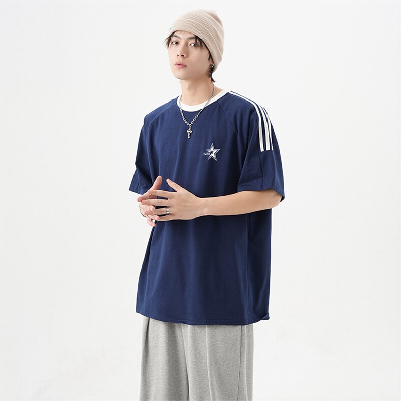 可48小时发货支持抖音得物来样二开重磅美式高街纯棉织带短袖T恤,男装T恤,电商A486