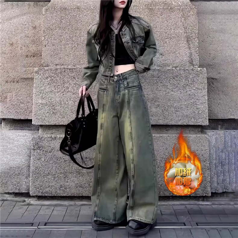 美式复古阔腿牛仔裤女2025秋冬新款高腰宽松显瘦直筒弯刀拖地裤子图片