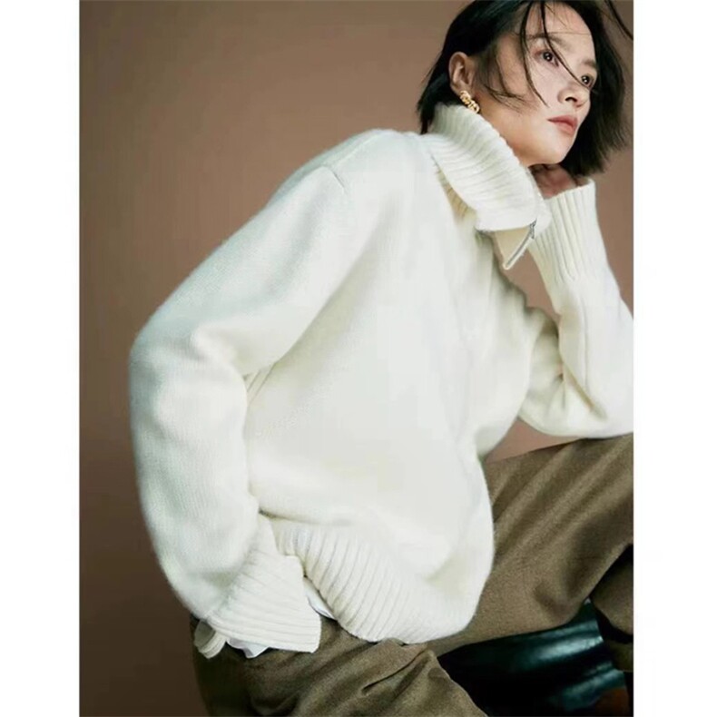 秋冬设计感灰色羊毛衫女宽松半开翻领拉链毛衣加厚软糯针织打底衫，女装羊毛衫，忠诺羊绒