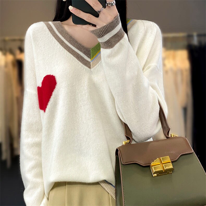 时尚百搭爱心拼接女士羊毛衫V领宽松显瘦毛衣,女装羊毛衫,莺澜羊绒