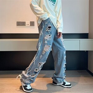 牛仔裤男秋季潮大码休闲裤子高街HK89P46图片