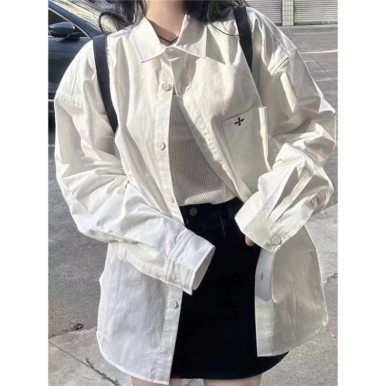 2025春秋款韩系印花高级白色纯棉衬衫女宽松百搭显瘦衬衣外穿开衫图片