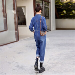 时尚显瘦牛仔连体裤女宽松高腰长袖休闲工装裤百搭气质外套春装新款，女装连体裤，秋水欣儿