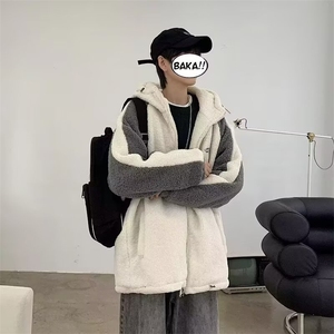 冬季加厚保暖棉衣服男韩版潮流宽松羊羔毛绒港风情侣拼接外套图片