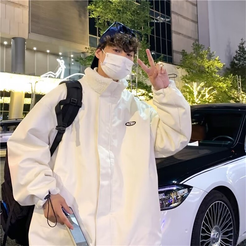 羊羔毛加绒外套ins港风两面穿棉服男冬季痞帅PU皮棉袄男V8565-P88,男装棉衣,星座1008