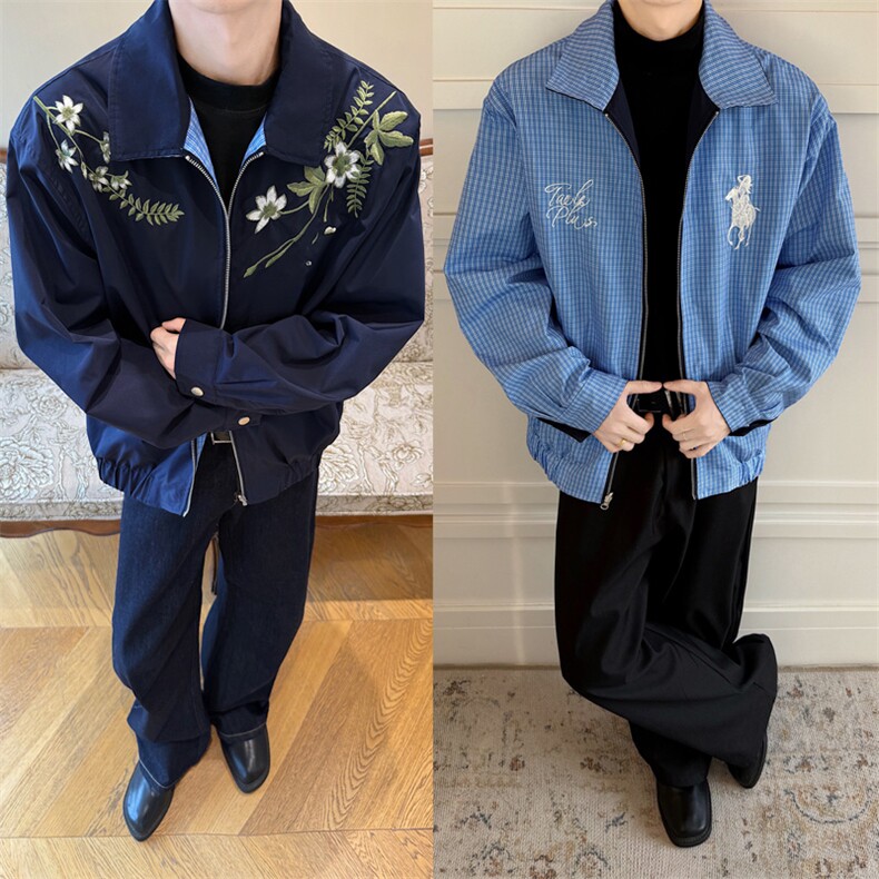 花卉刺绣格子双面穿夹克男装秋季宽松休闲外套 XZ514-2-JK990-P98图片