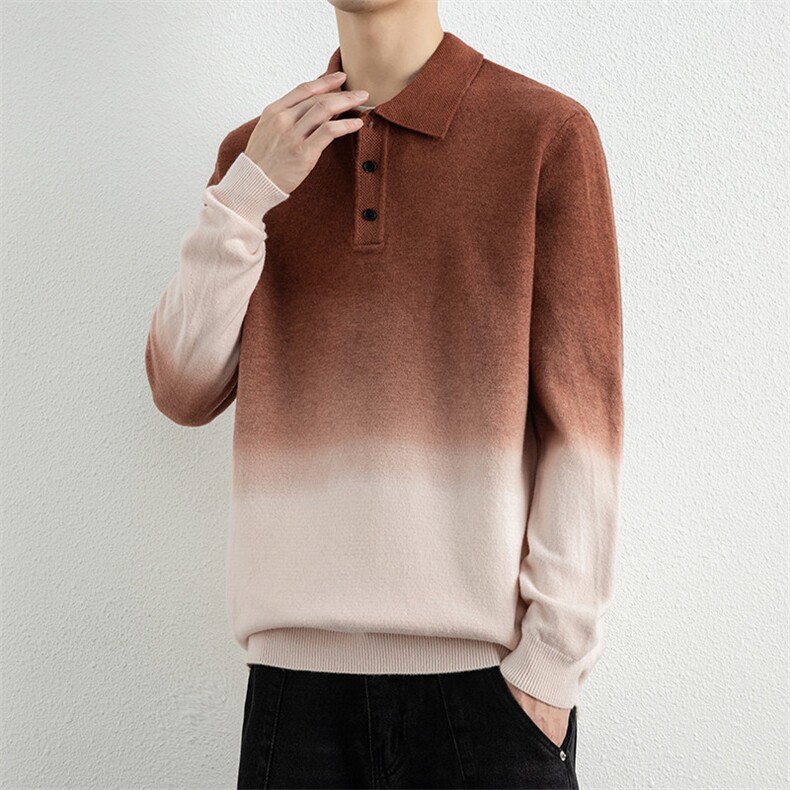 25766-P60秋季时尚翻领毛衣套头衫男针织衫渐变色宽松打底衫，男装T恤，电商D310B