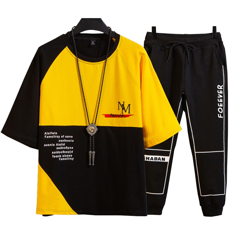 T1417新款青少年港风圆领T恤休闲短袖七分裤套装男夏XZ313B-1,男装休闲套装,星座310B-3