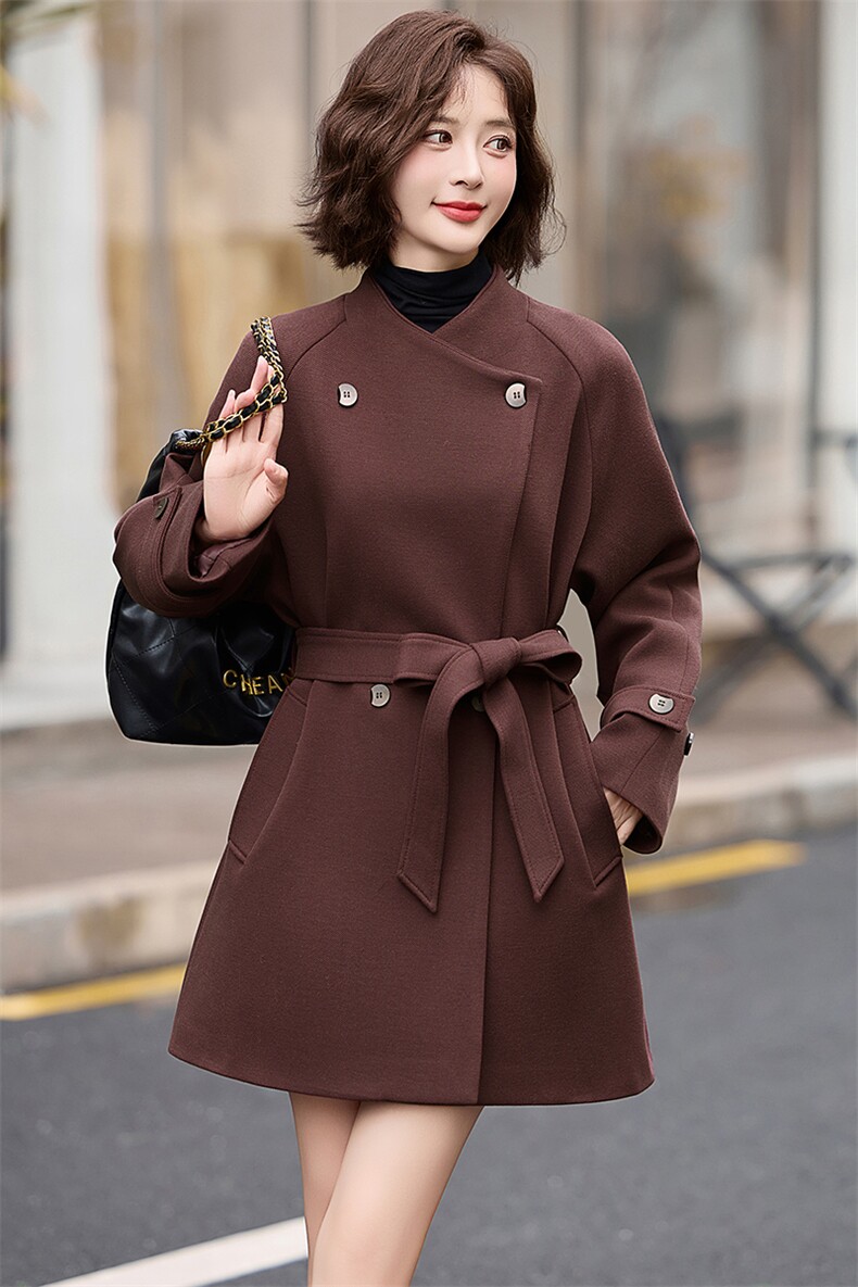 韩版别致设计感大翻领风衣外套女2025春秋新款高级感红色休闲大衣,女装双面呢大衣,魅丽静蓝