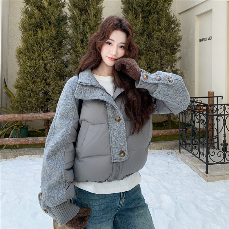 新品针织毛呢拼接短款羽绒服50白鸭绒2C271-9571-P245-K335,女装羽绒服,2C271