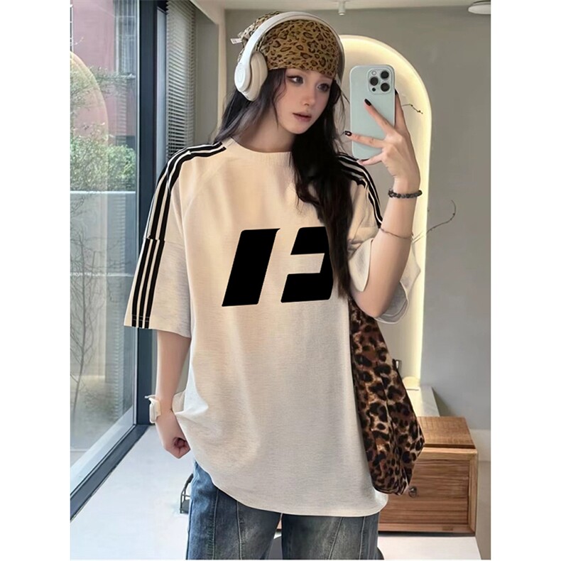 抖音得物品质二开240克宽松纯棉美式潮牌印花三条杠中性风短袖T恤,男装T恤,电商A486-1
