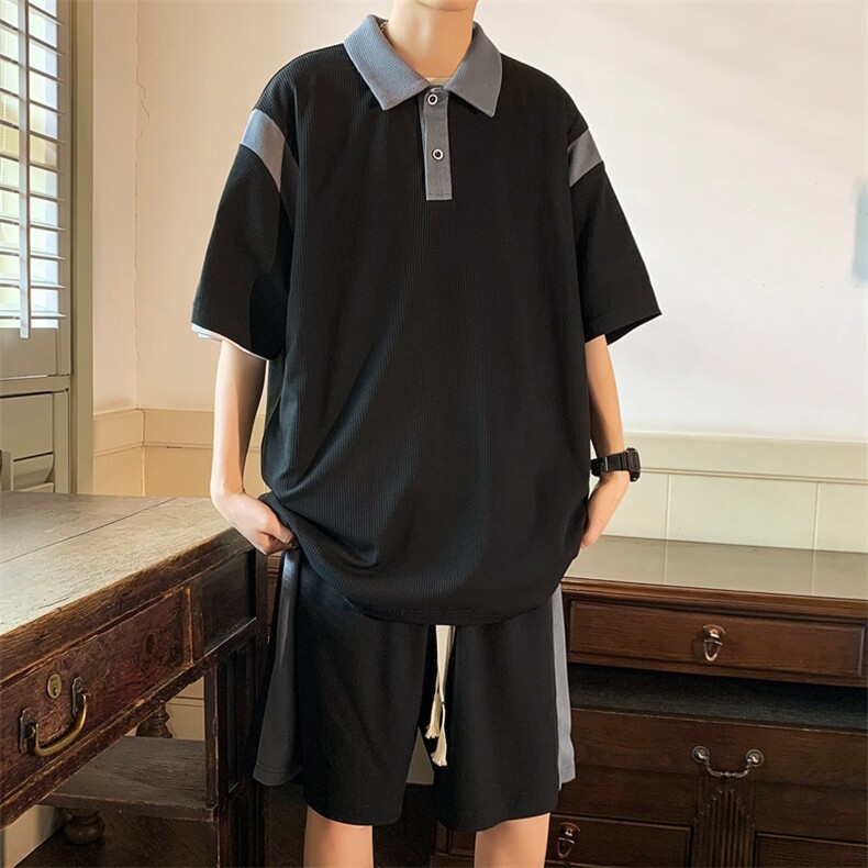 2023夏季冰丝男女运动篮球撞色翻领polo衫短袖T恤短裤套装S14/P60,男装休闲套装,星座608A