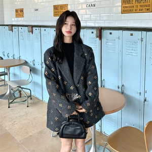 灰色羽绒内胆毛呢西装外套女秋冬新款加厚宽松休闲慵懒风加厚上衣图片