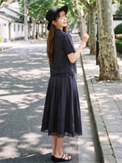 蕾丝拼接娃娃领系带上衣松紧腰半裙学院风套装女，女装套装/套裙，水衣源