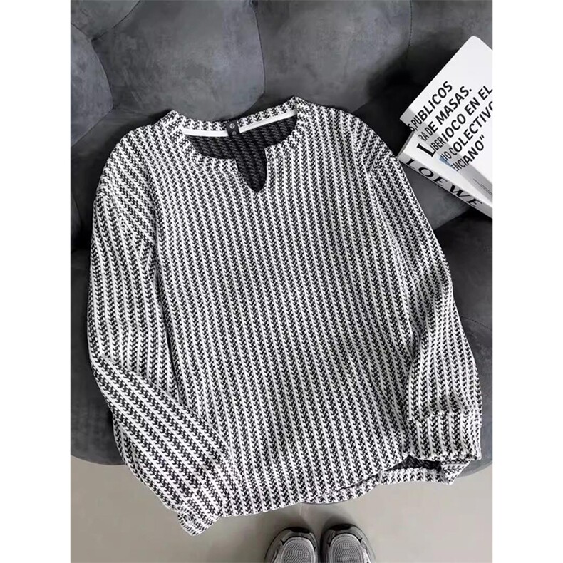 美式高街千鸟格子长袖T恤男女亨利V领英伦雅痞休闲宽松长袖打底衫，男装T恤，电商A486