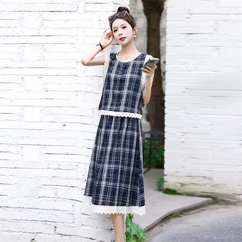 夏季新款小格子花边少女时尚清凉两件套连衣裙,女装套装/套裙,鑫慧