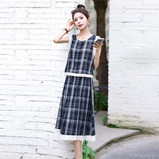 夏季新款小格子花边少女时尚清凉两件套连衣裙，女装套装/套裙，鑫慧