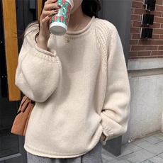 女撞色圆领宽松慵懒针织衫上衣厚毛衣女秋冬，女装针织衫/毛衣，春贝羊绒