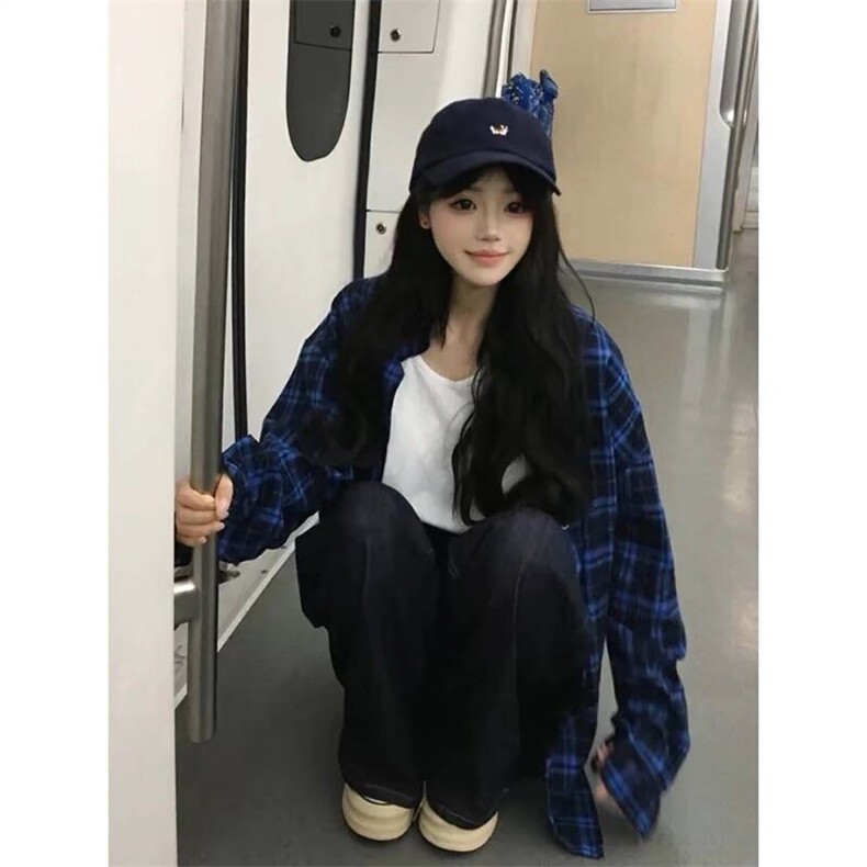 美式潮牌蓝色格子长袖衬衫男女款2025春秋冬季高级感格纹衬衣外套,男装衬衫,星座506A