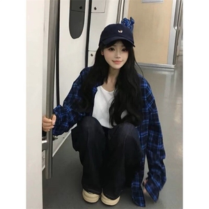美式潮牌蓝色格子长袖衬衫男女款2025春秋冬季高级感格纹衬衣外套图片