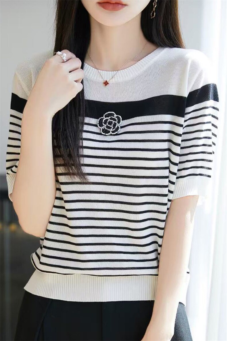 经典条纹~莱赛尔天丝山茶花条纹短袖女夏季圆领针织T恤打底衫,女装T恤,萱芳婷羊绒
