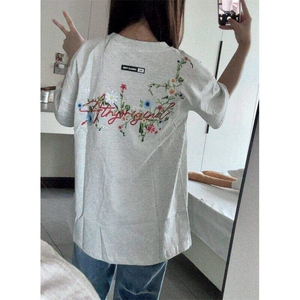 DXT51HH-P38 美式花卉刺绣短袖t恤男女夏季潮牌情侣半袖图片