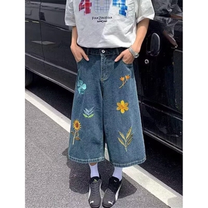 花卉刺绣牛仔短裤男款夏季宽松阔腿七分裤子直筒中裤 N3566图片
