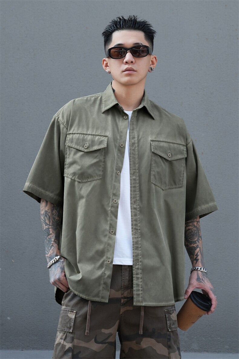 美式工装衬衫短袖夏季宽松纯棉脏染衬衣男A436-0629-P5578,男装衬衫,电商A436